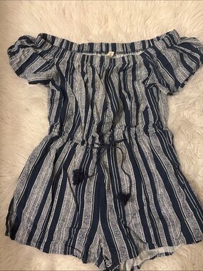 BeBop Navy and White Striped Off-Shoulder Romper